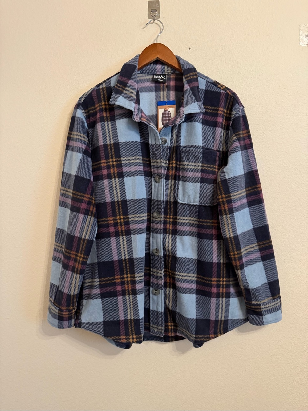 Eddie Bauer Women's Microfleece Button Up Flannel Shirt Shacket Ultrasoft Blue L